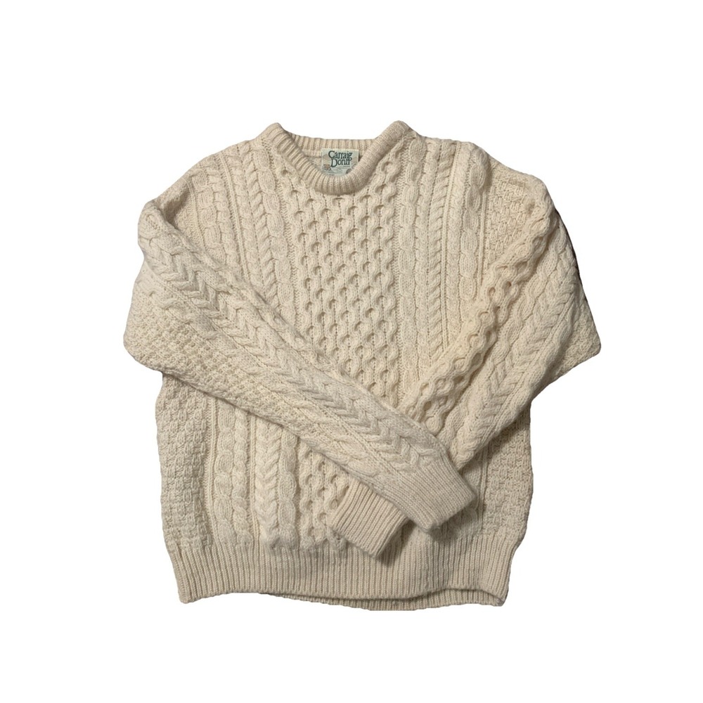 VTG Carraig Donn Irish Fisherman Sweater S Wool Chunky Cable Knit‎ Cream Unisex